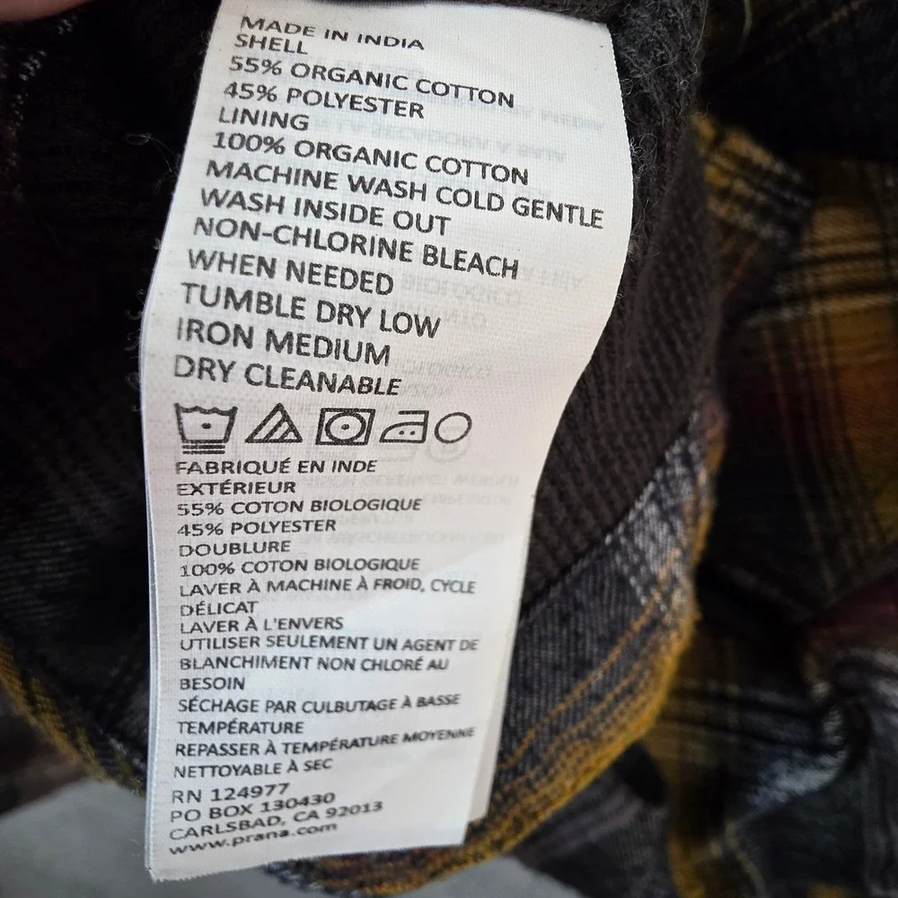 Prana Mens XL Plaid Flannel Shirt Jacket Thermal Lined Snap Front Purple Yellow